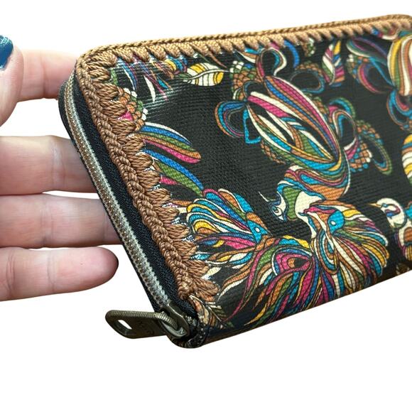 Sakroots zip around wallet clutch purse brown birds coated canvas coin pocket - Picture 4 of 9